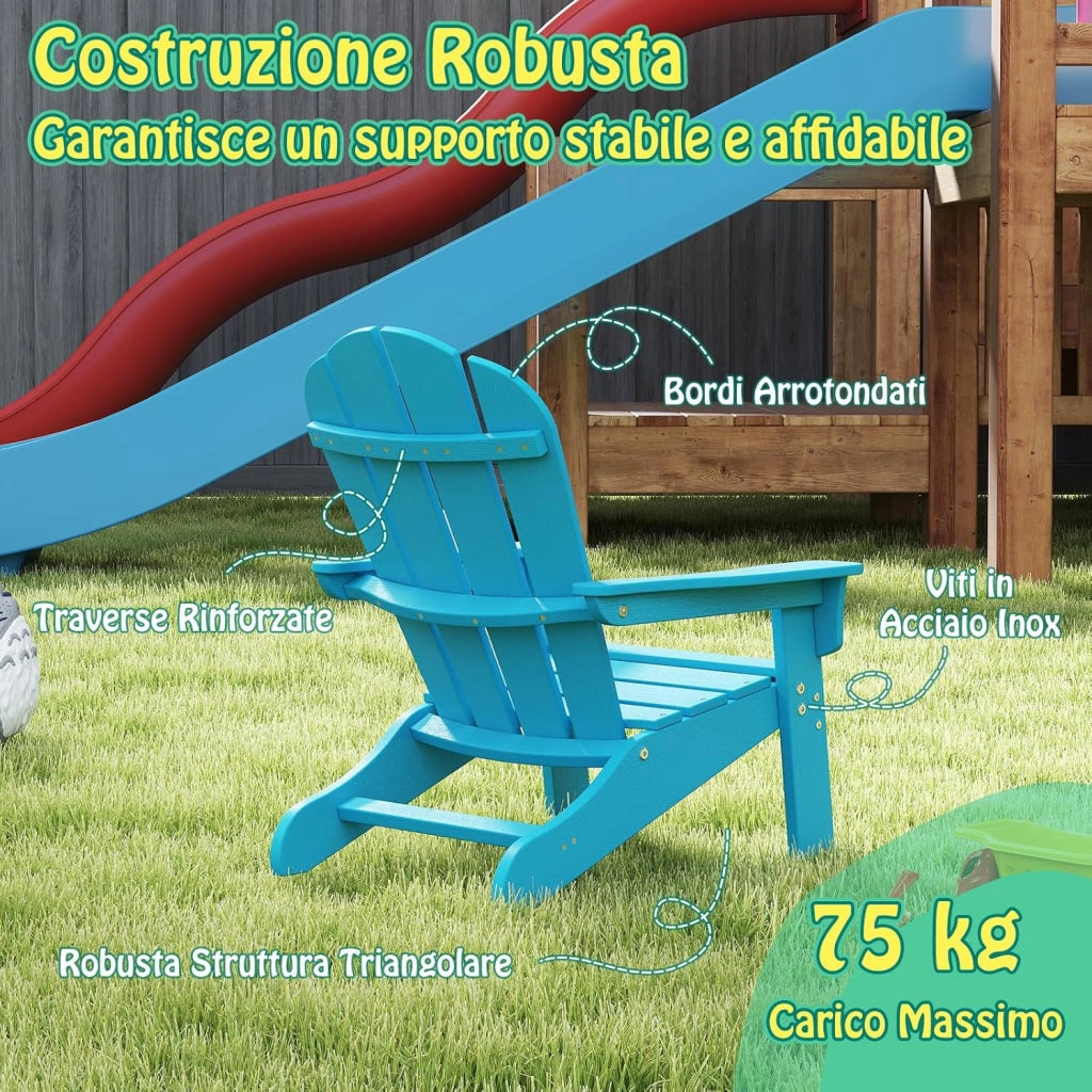 Sedia Adirondack per Bambini da Giardino, Sedie Ergonomica in HDPE con Schienale Inclinato e Braccioli, Poltrona per Interno ed Esterno, per Bambini 3 a 8 Anni, 52 x 53,5 x 64 cm (Azzuro)