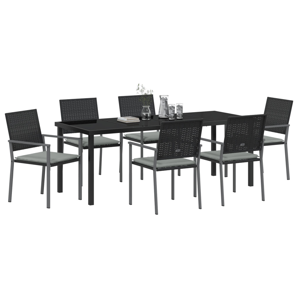 Set da pranzo da giardino 7 pezzi con cuscini in polirattan nero