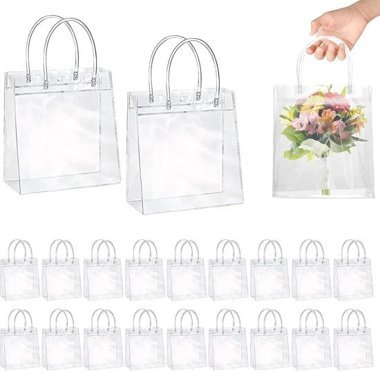 Set di sacchetti di regalo trasparenti con maniglie, 20 pezzi - 20 x 20 x 8 cm, sacchetti di regalo riciclabili in PVC per matrimoni, impermeabili