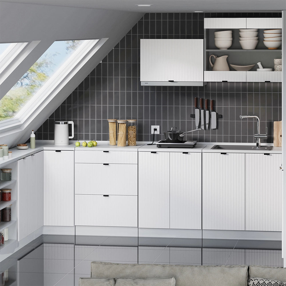 Mobile cucina sottotetto R-Line Ondulazione bianca/Bianco 60 cm senza inclinazione con 2 ante Vicco