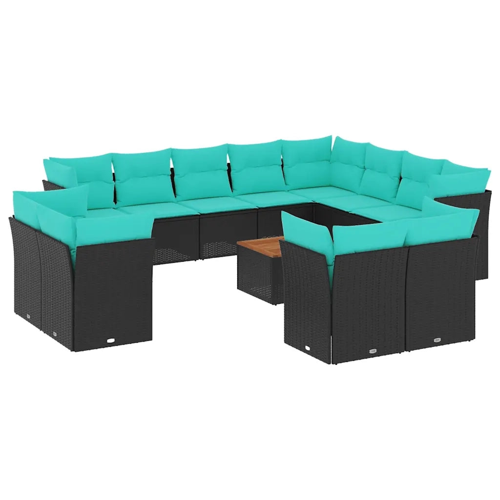 Set Divani da Giardino 13pz con Cuscini Nero in Polyrattan
