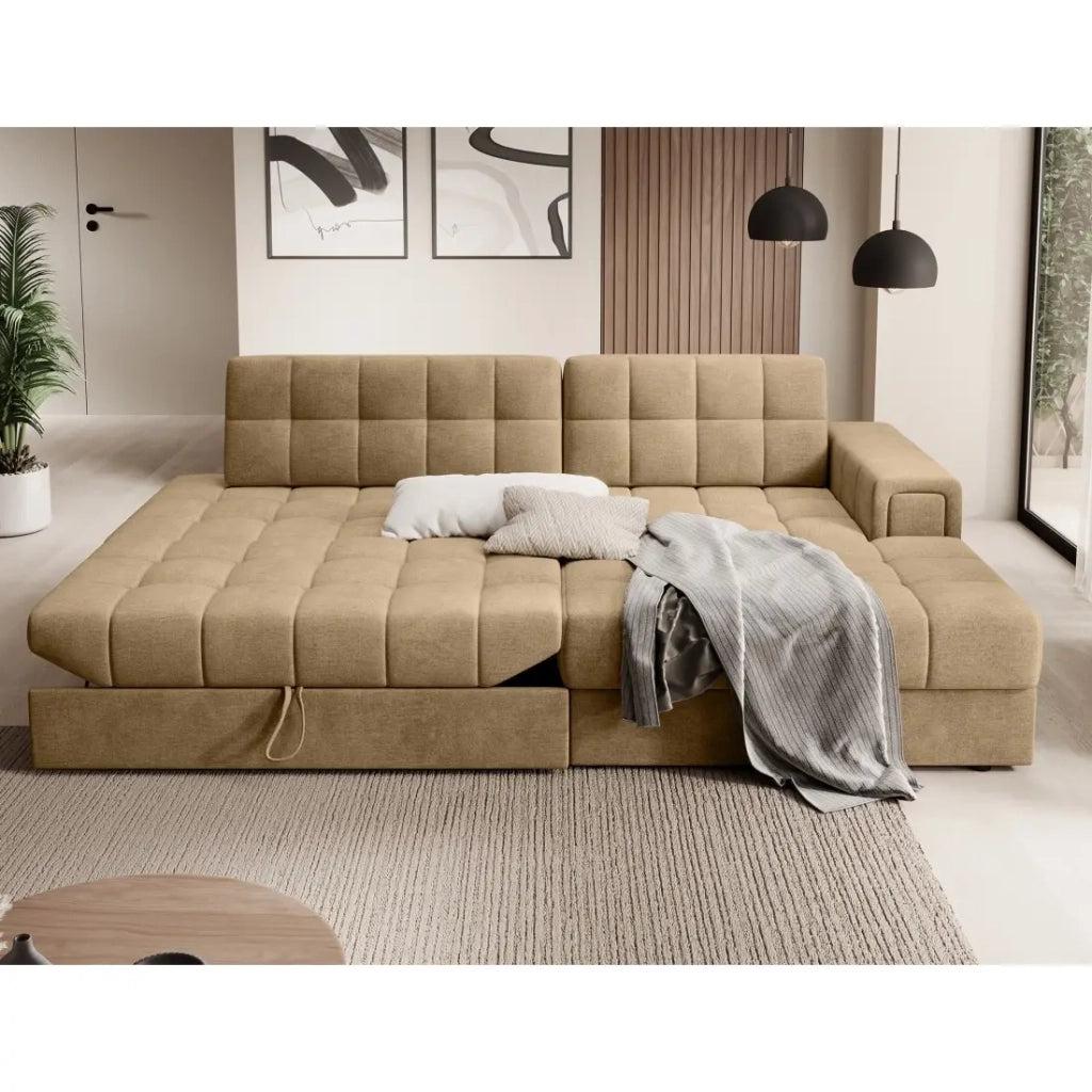 Divano angolare trasformabile CUBITO beige 240 cm con contenitore e letto