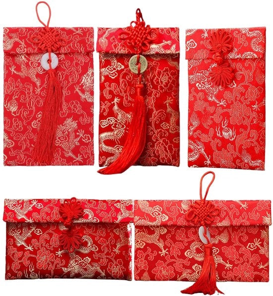 Sacchetti di Carta Cinese con Broccato - 5 pezzi/5 stili - Nuovo Anno/Zainette - Carnevale/Biglietto di Sposa - Broccato di Alta Qualità - Portafogli in Moneta