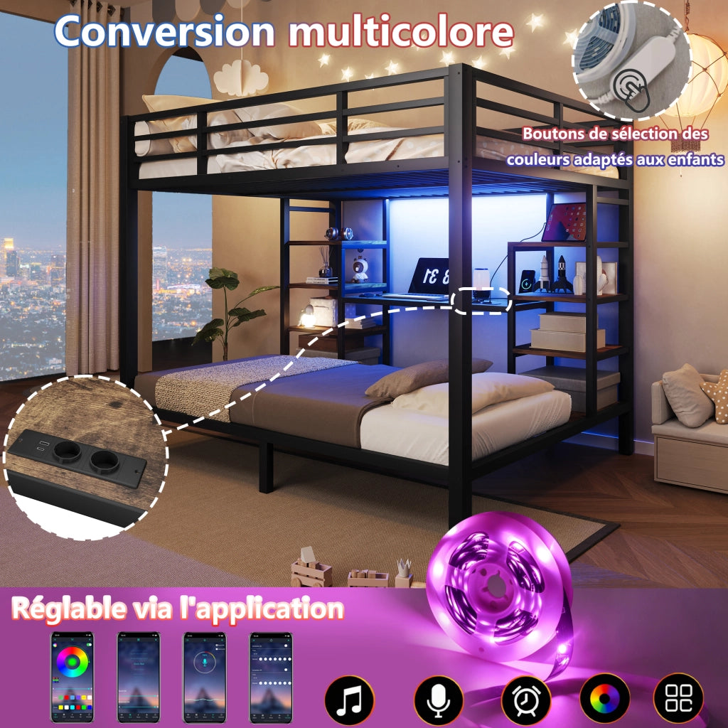 Letto a castello familiare 90x200 / 140x200 cm, 3 posti letto con ripiani portaoggetti, prese USB/Type-C/Jack e illuminazione LED, metallo nero