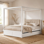 Letto a tenda 140x200 cm con testiera imbottita e 2 cassetti; bianco