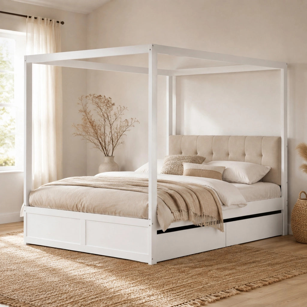 Letto a tenda 140x200 cm con testiera imbottita e 2 cassetti; bianco