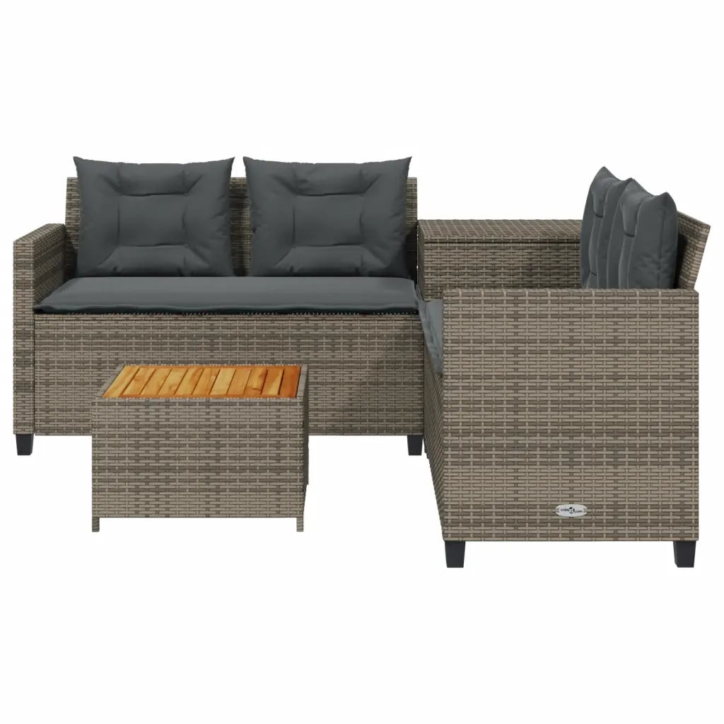 Divano da Giardino con Tavolo e Cuscini a L Grigio Polyrattan 369037