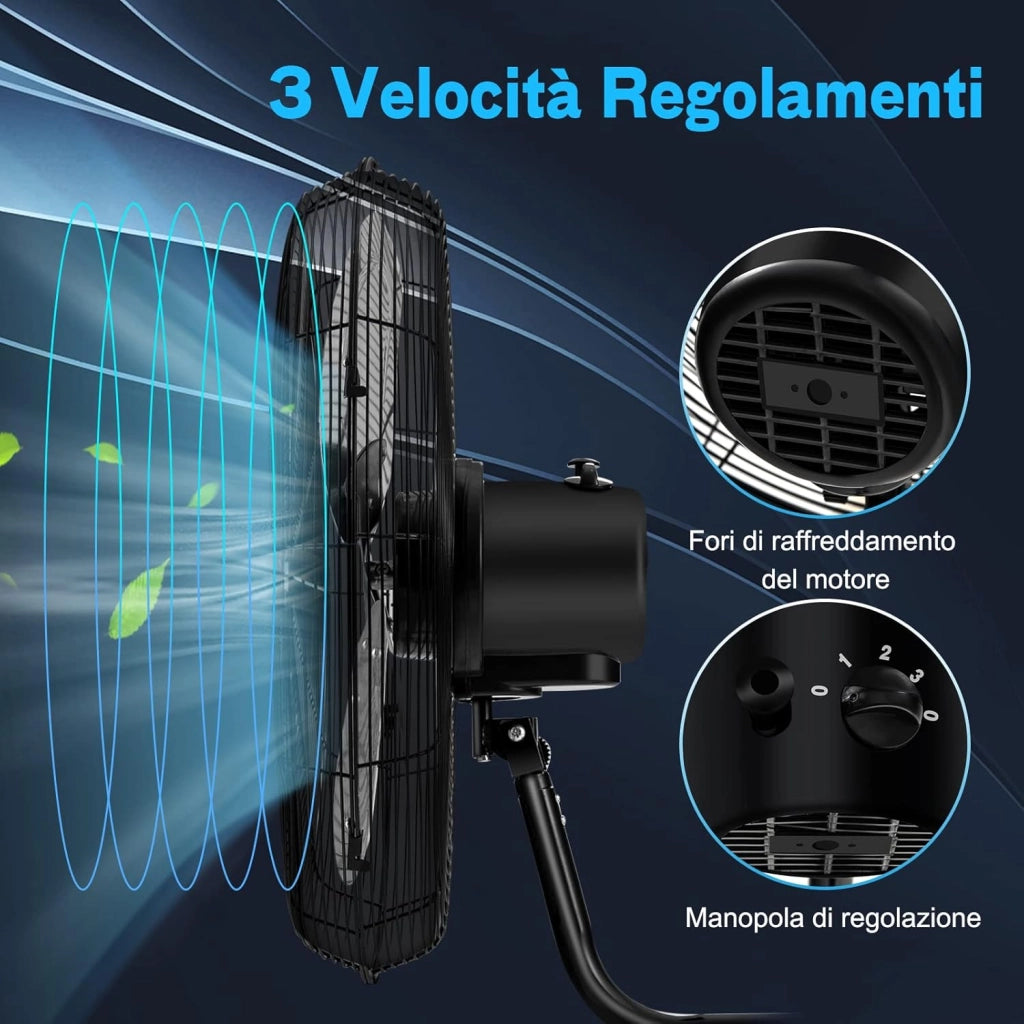Ventilatore da Parete Girevole a 3 Velocità, Industriale e Silenzioso ad Alta Velocità con Pale in Alluminio, Potenza 120W, Diametro 51 cm (Nero)