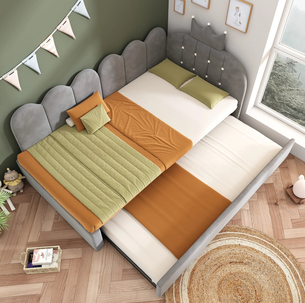 Letto singolo con letto estraibile L; design corona e griglia; 90x200 cm; velluto grigio