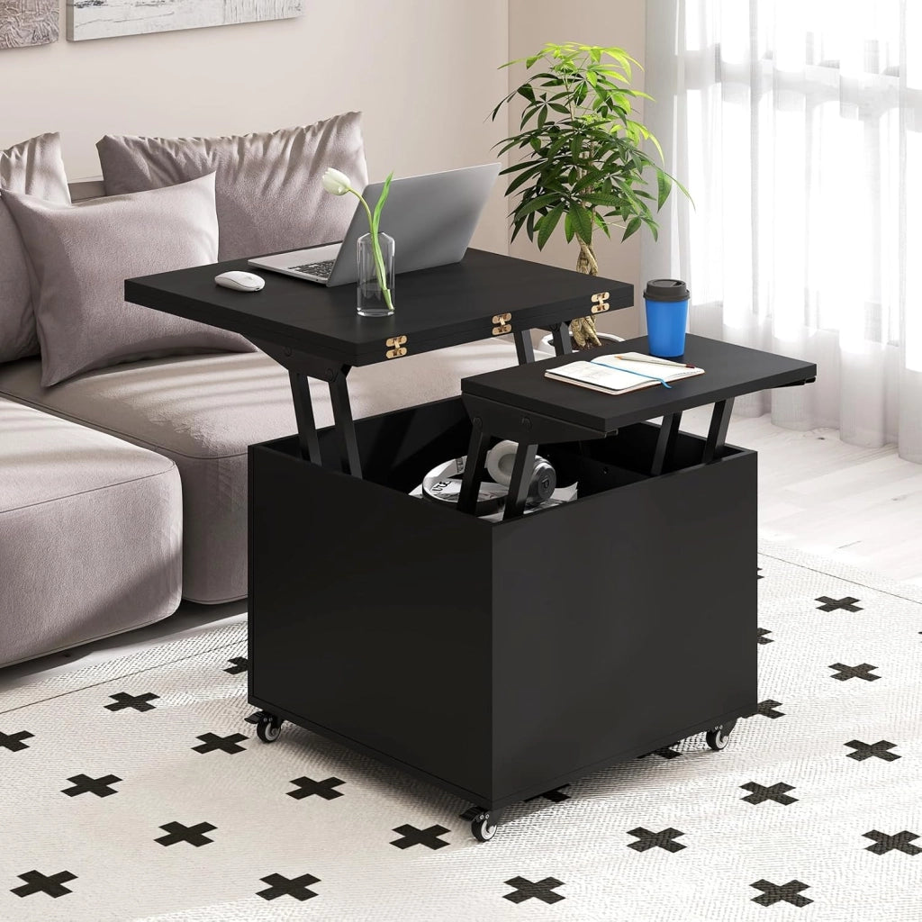 Tavolino da Caffè con Piano Sollevabile, Tavolo Moderno 3 in 1 Pieghevole con Contenitore Nascosto, Cassetto e Ruote Girevole 360°, Tavolino Versatile per Soggiorno e Ufficio (Nero)