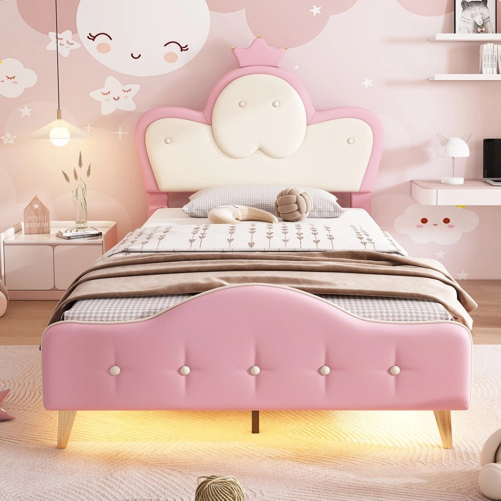 Letto Imbottito Singolo con LED e Testiera a Corona ¨C MINIMAL ¨C Rosa/Bianco, PU, 90x200 cm