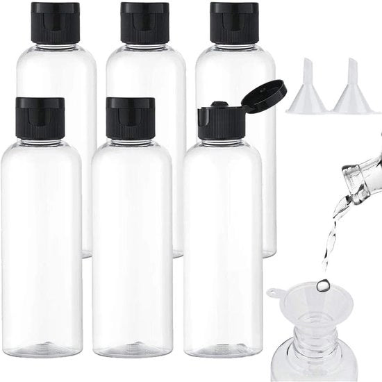 Set di Flessi da Viaggio da 6 - 100ml Flessi in Plastica - Flessi da Viaggio Transparenti - Imbottigliamento Acqua - Inclusi 2 Piccoli Coperchi - Ideali per le Partenze in Aereo - Set di Flessi da Viaggio