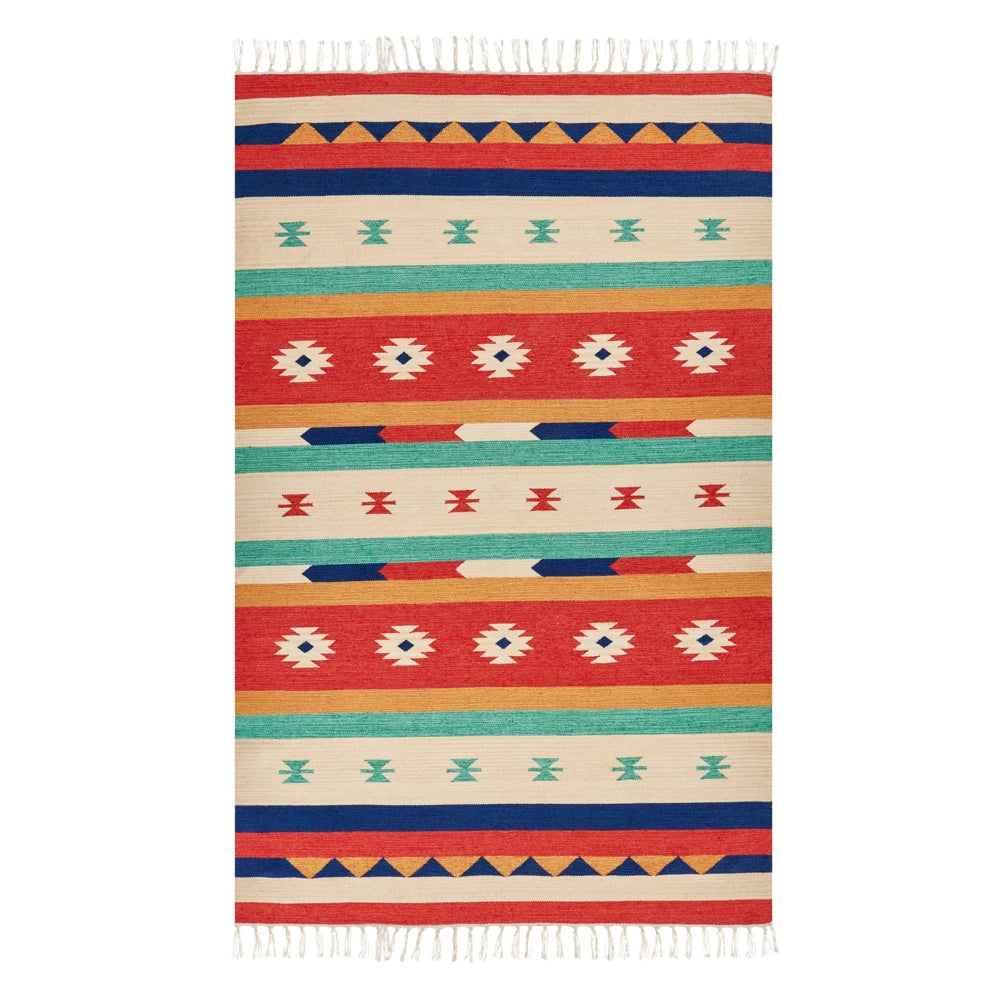 Tappeto Kilim in cotone multicolore 140 x 200 cm Tappeto da pavimento tessuto a mano Tappeto da parete a motivo geometrico reversibile Frange