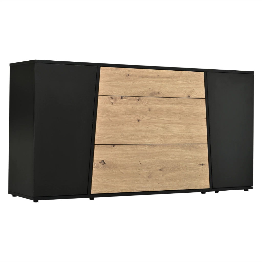 Credenza con 2 ante e 3 cassetti 140x35x70 cm in MDF; nero e effetto legno naturale