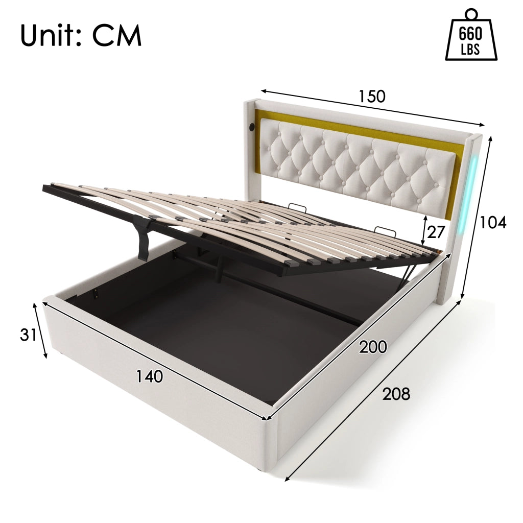 Letti contenitori 140x200 cm con LED e ricarica USB+Type C; cotone beige (Senza materasso)