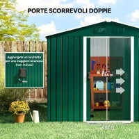 Casetta da Giardino 3.6m² in Lamiera di Acciaio con 2 Porte Scorrevoli e 4 Prese d'Aria, 236x174x190 cm, Verde