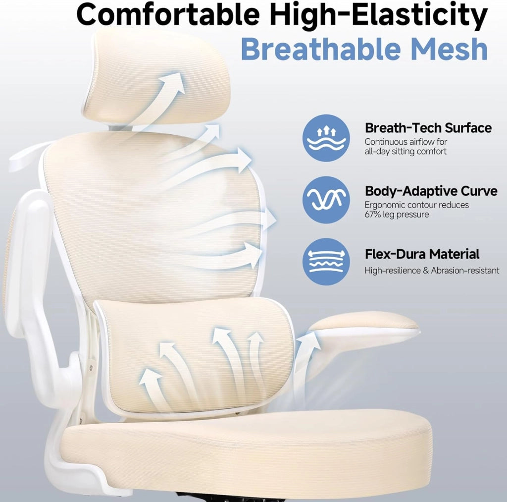 Sedia da ufficio ergonomica, con poggiatesta 3D e supporto lombare, design con gancio integrato, braccioli pieghevoli, cuscino imbottito, carico fino a 150 kg