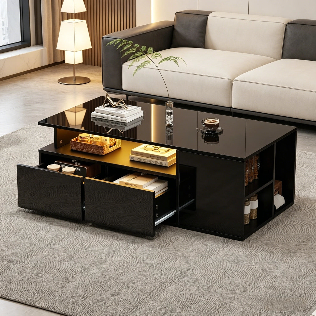 Tavolino da salotto 100 x 50 x 35 cm con LED, 2 cassetti e ampio spazio contenitivo, nero lucido