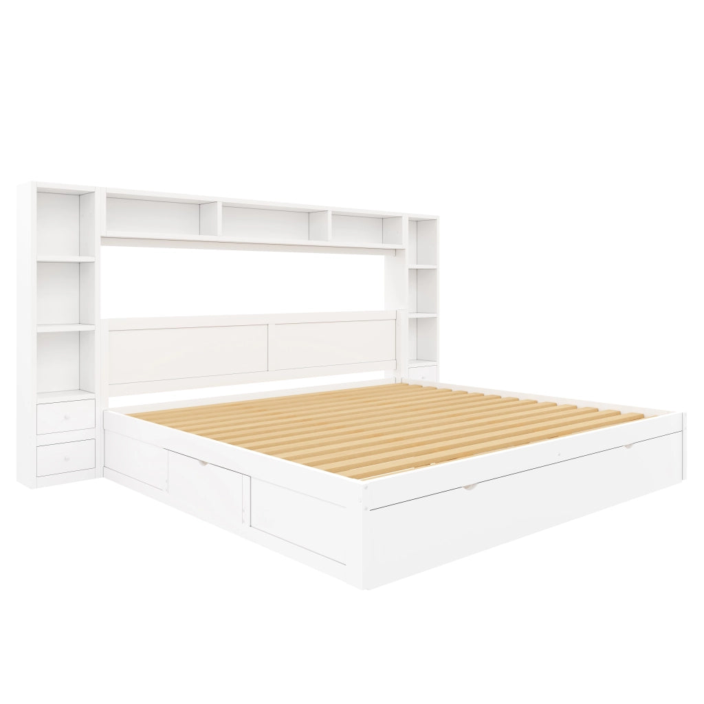 Letto contenitore 180x200 cm con testiera libreria; 7 cassetti e LED; bianco