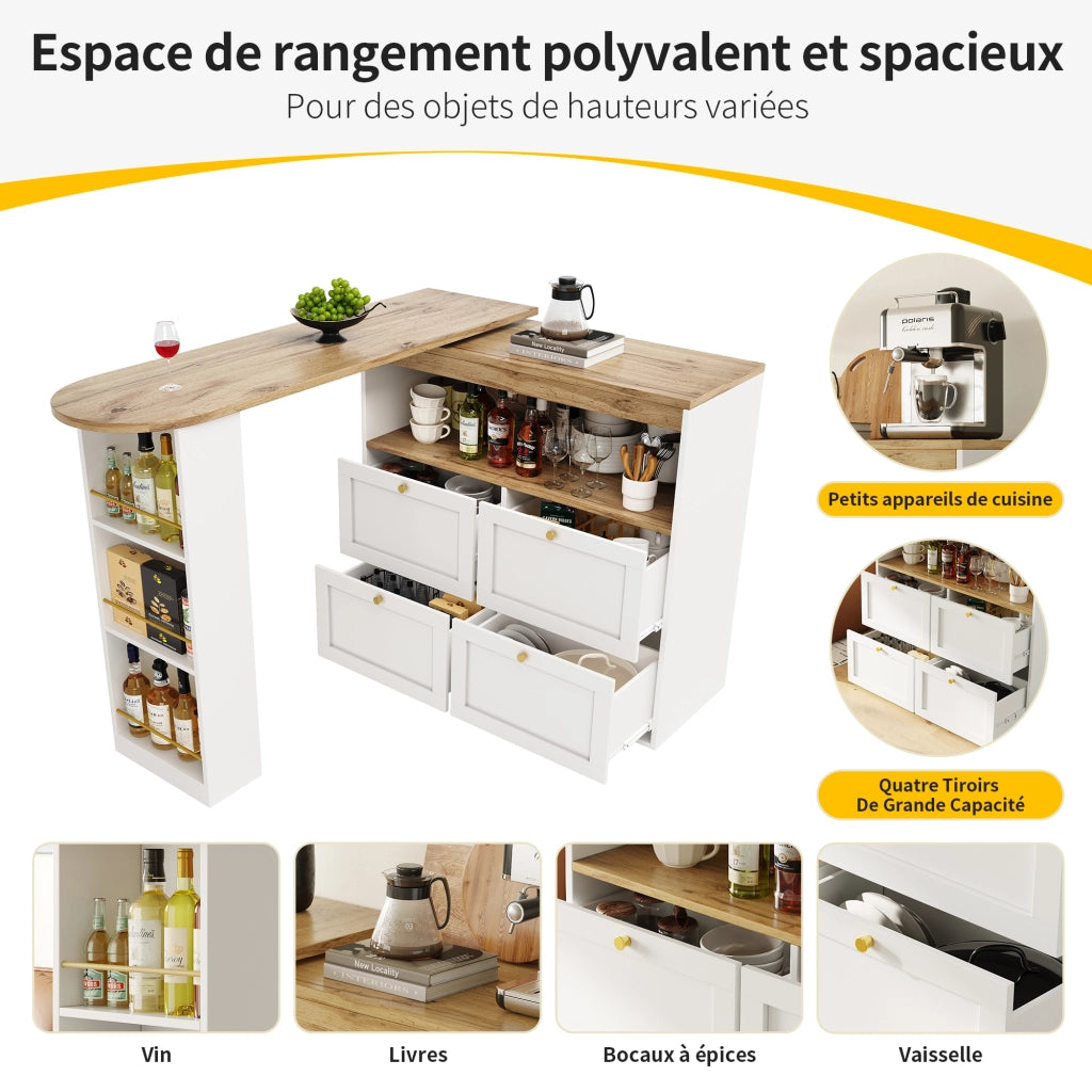 Mobile Contenitore con 4 Cassetti; Ripiani Aperti e Struttura Girevole a 360°; per Soggiorno e Studio; in MDF; Bianco