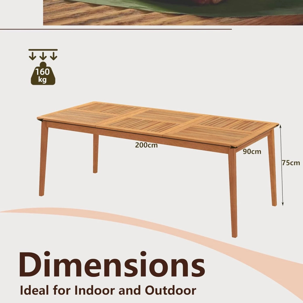 Tavolo da pranzo per 8 persone, tavolo da giardino in legno di acacia con foro di 5 cm, per cortile, veranda e giardino, resistente alle intemperie (200 x 90 cm)