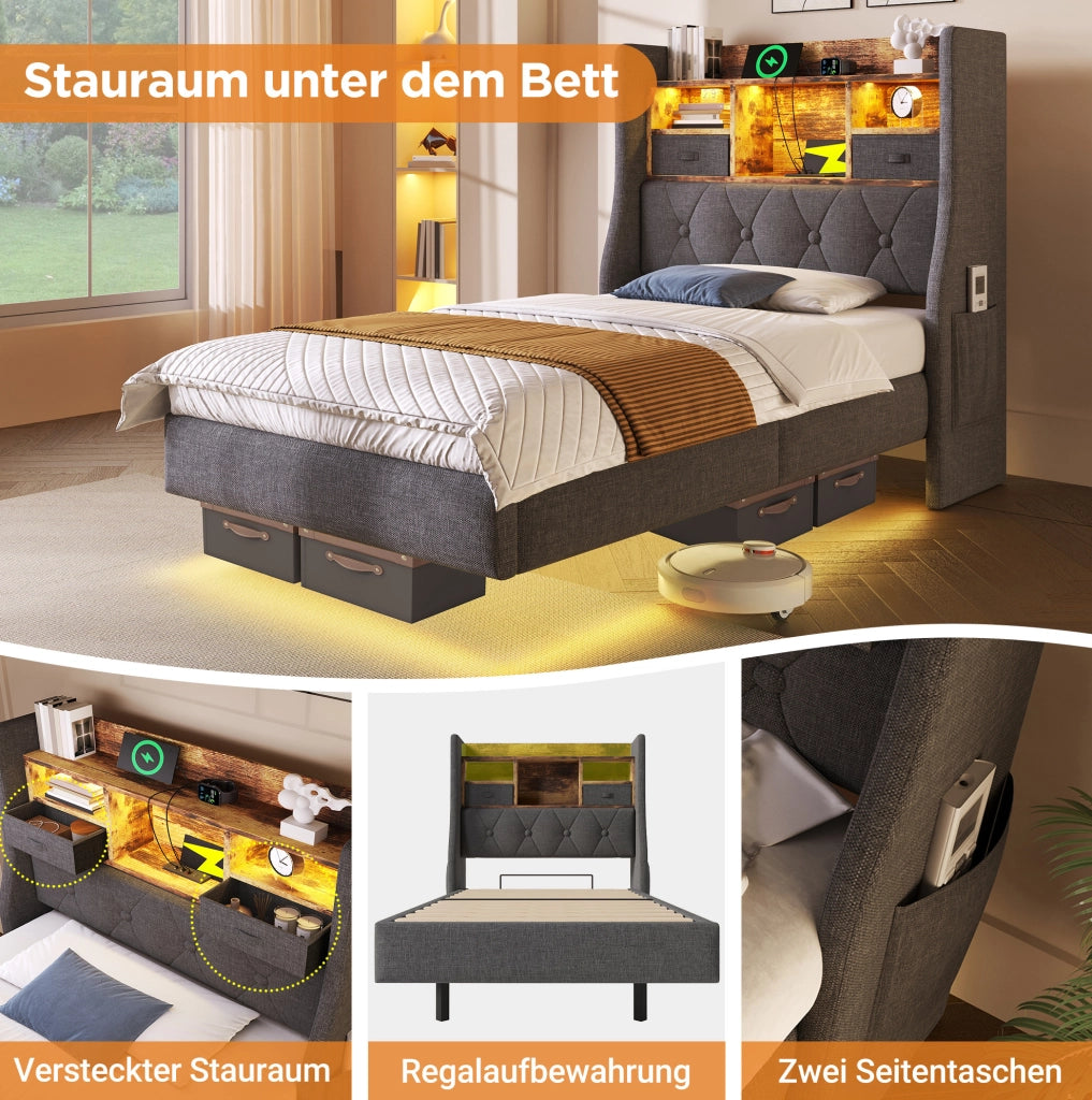 Letto in lino grigio 140x200 cm con LED e porte di ricarica