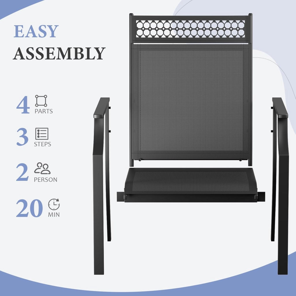 Set di 4pcs sedie da giardino con seduta allargata, in tessuto Teslin, traspiranti, ad asciugatura rapida, per esterni, portata fino a 120 kg, per giardino, terrazza, balcone, piscina (nero)