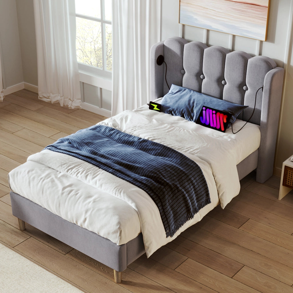 OKWISH Letto Singolo 1 Posto, USB e USB-C, 90 x 200 cm, Con Materasso, Testiera Imbottita, Grigio