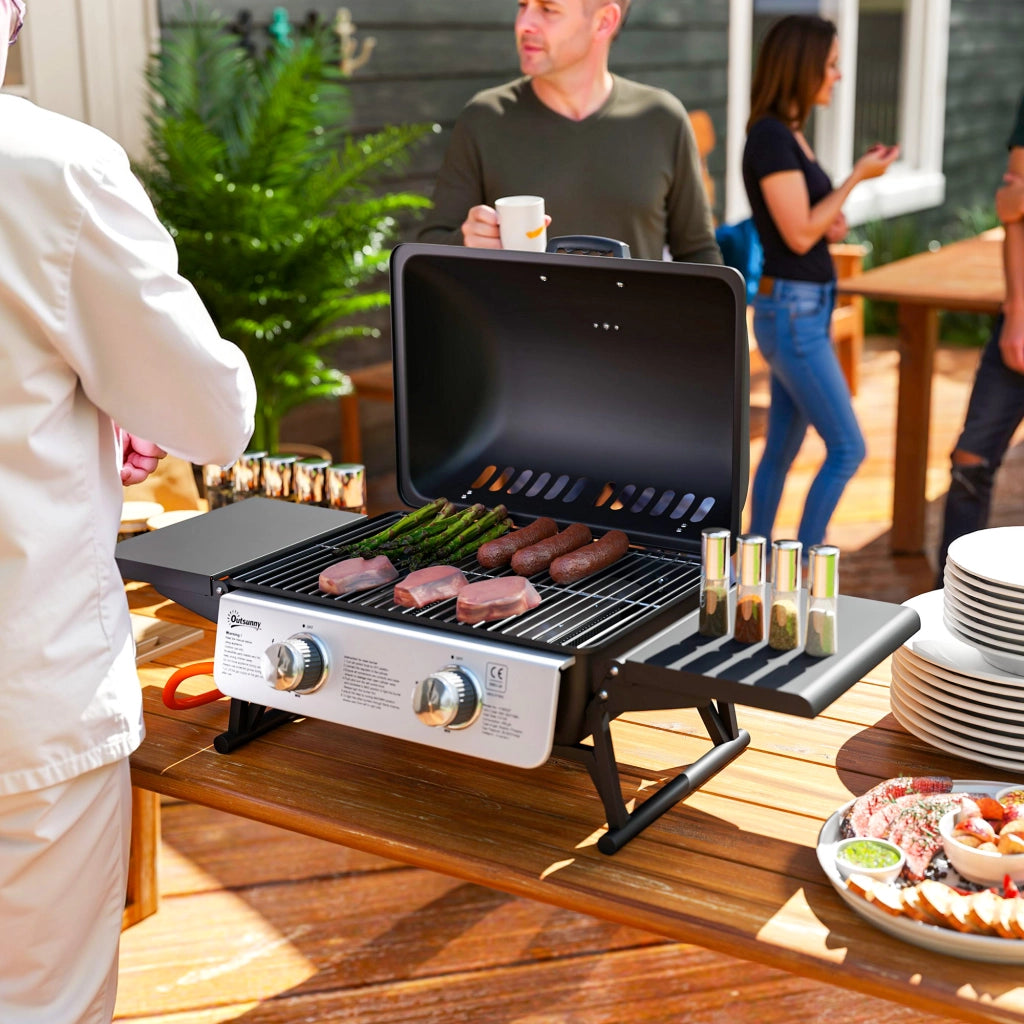 Barbecue a Gas 2 Fuochi con Termometro e Scaffali Laterali Pieghevoli ¨C zephmum ¨C 101x48x41 cm Nero