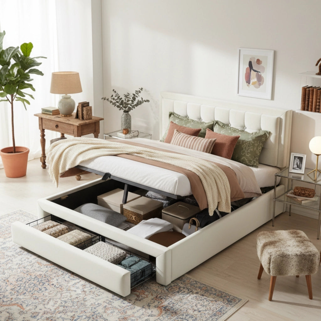 Letto imbottito in velluto beige con contenitore e cassetti