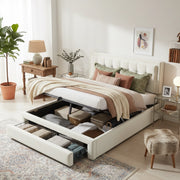 Letto imbottito in velluto beige con contenitore e cassetti