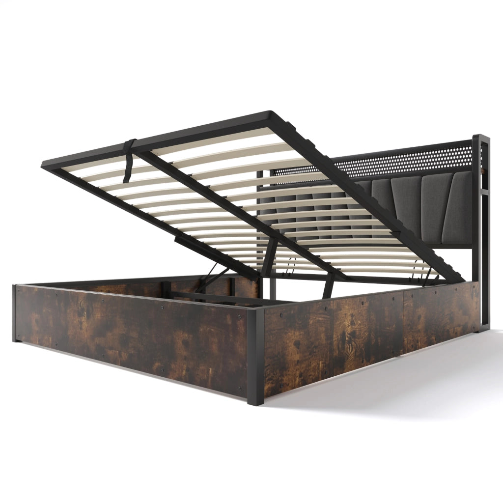 Letti contenitori 160x200 cm; testiera LED con prese USB; lino grigio (Senza materasso)
