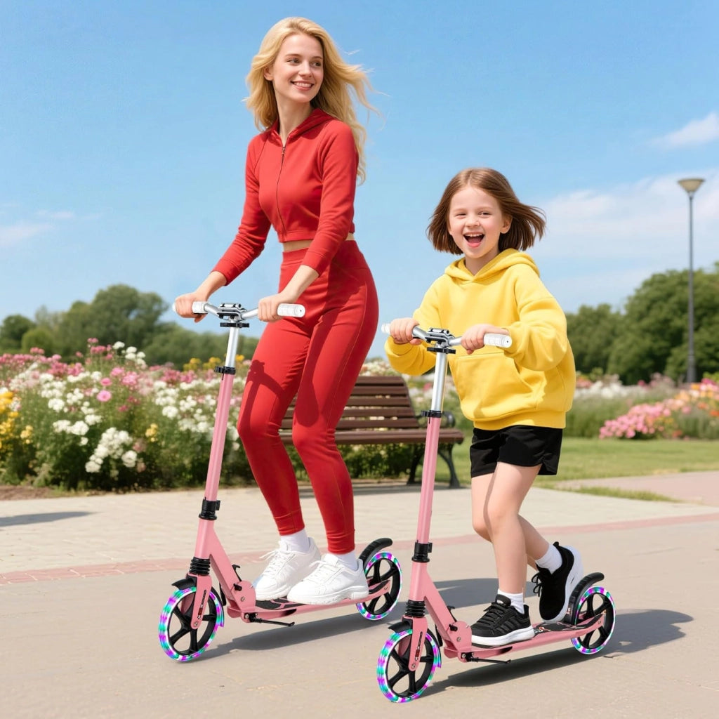 Monopattino da bambino con 2 ruote, LED e freno, skateboard pieghevole, 3 altezze regolabili, scooter in alluminio con cavalletto e cintura, carico 100 kg, bambini 8 anni