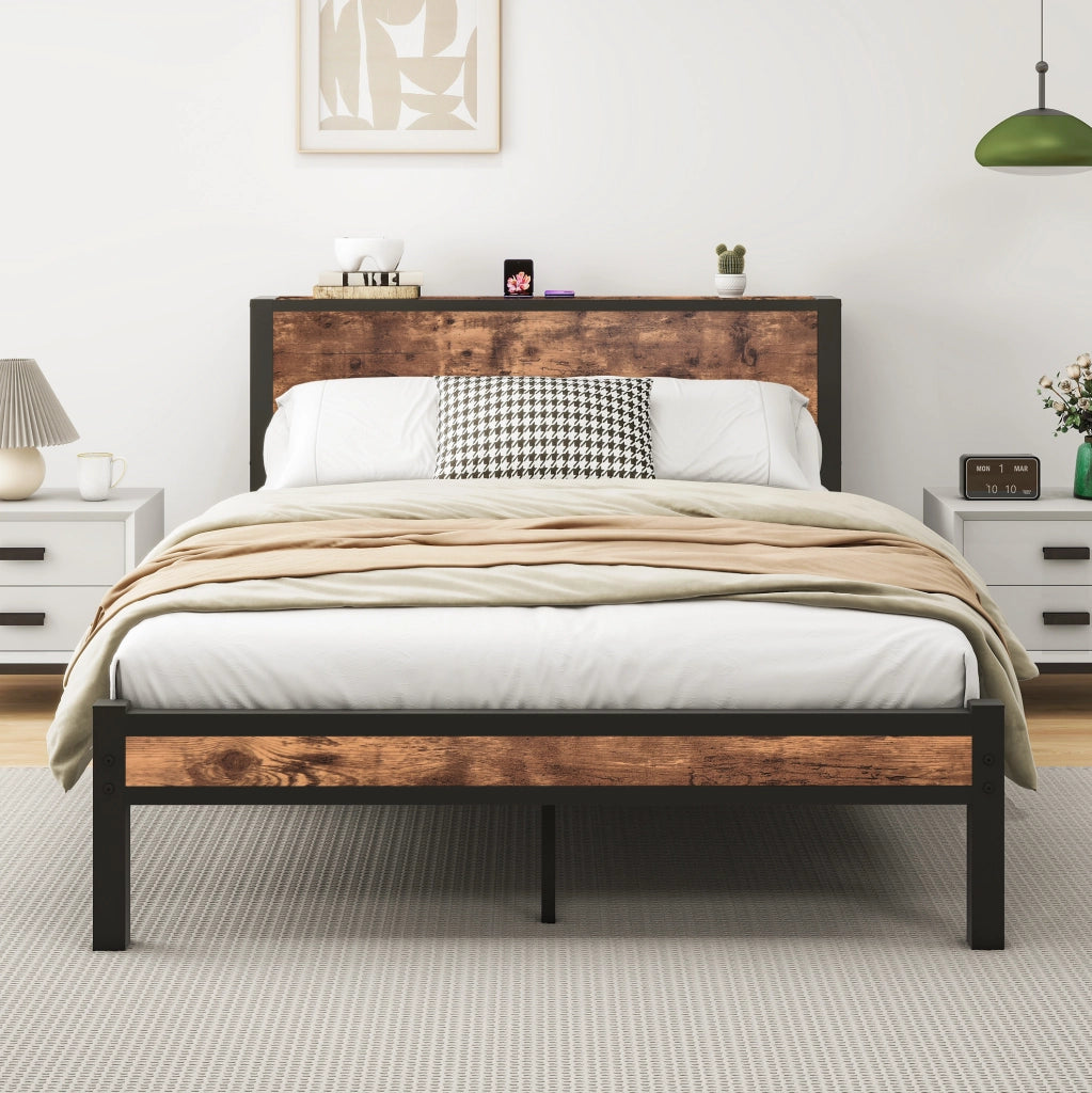 Letto matrimoniale 140x200 cm in metallo e MDF con contenitore