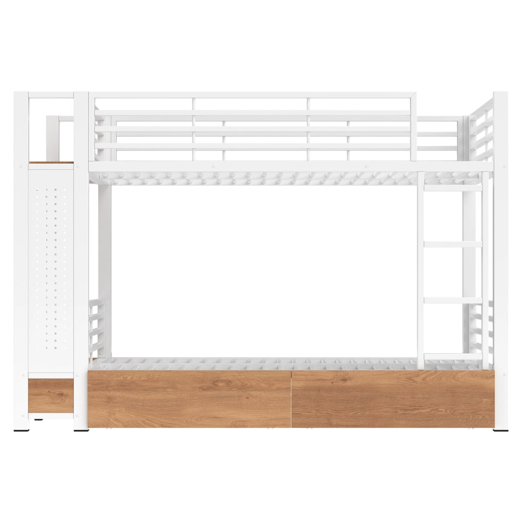 Letto a castello 90x200 cm in MDF e metallo bianco con LED; 2 cassetti e vano appendiabiti