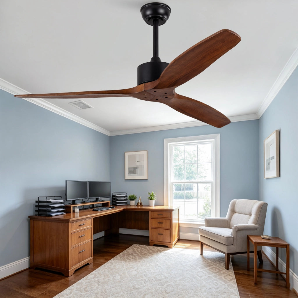 Ventilatore da soffitto 52 pollici senza illuminazione con telecomando, 3 pale legno massello, motore DC reversibile silenzioso, design moderno