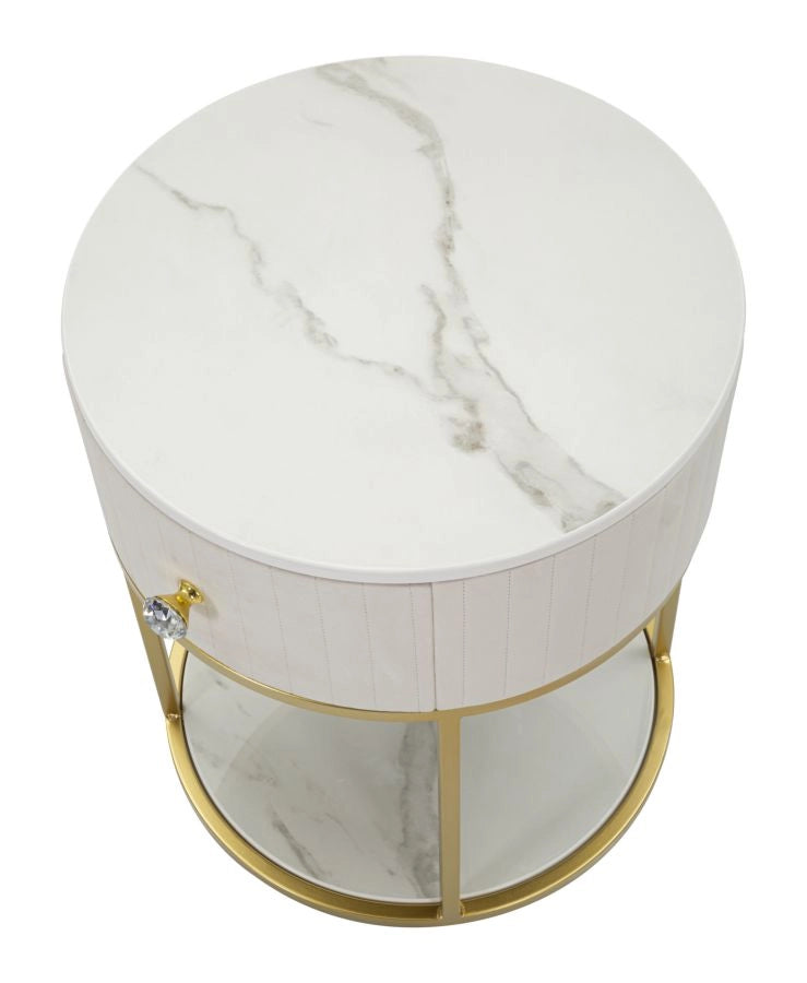 Comodino con cassetto crema, metallo dorato, piano in similmarmo 42x48cm Montpellier