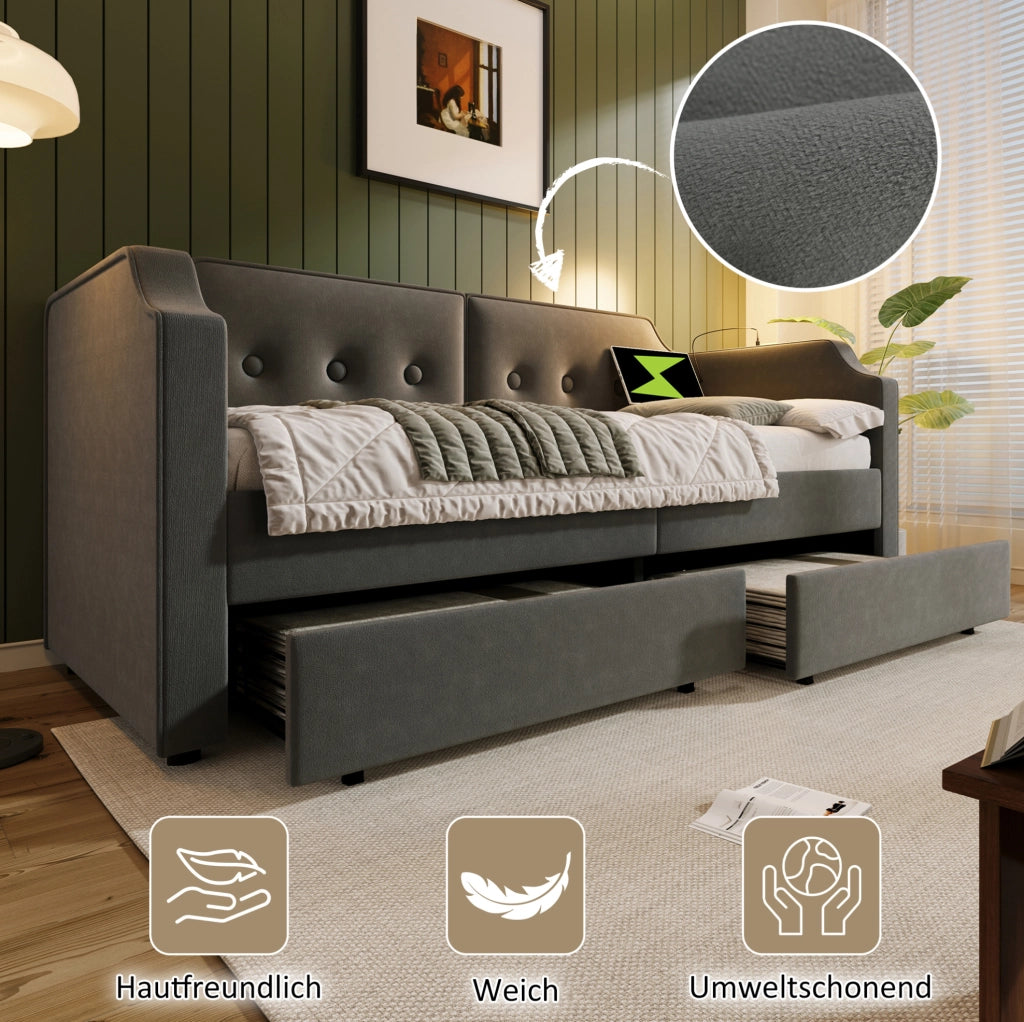 Letto imbottito 90x200 cm in velluto grigio con USB Type-C; luce da lettura e 2 cassetti