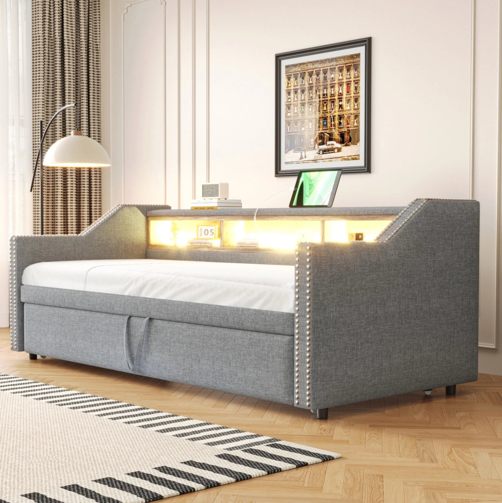 Divano letto imbottito estraibile 90/180x190 cm grigio chiaro