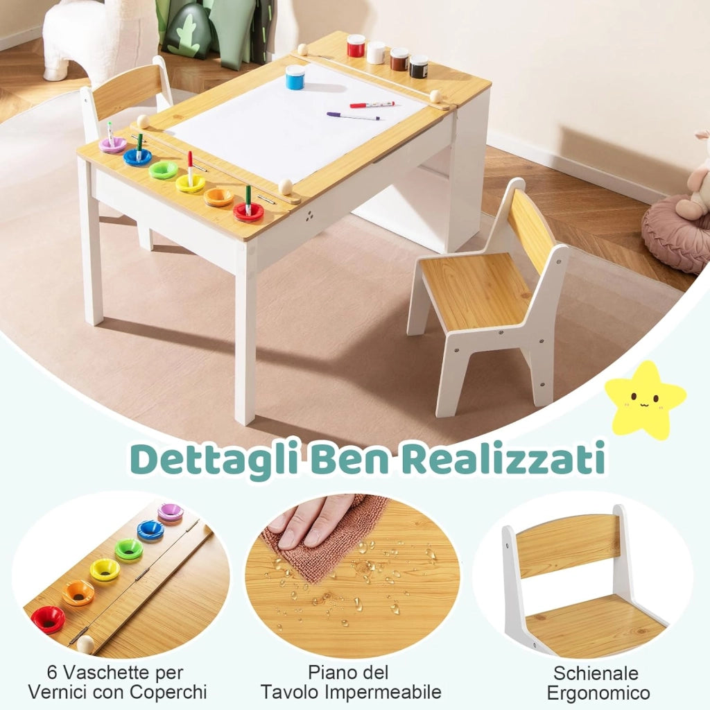 Set Tavolo da Disegno e Cavalletto per Bambini 3+ Anni con 2 Sedie, Tavolo Multifunzione in Legno con Piano Sollevabile, Rotolo di Carta, 6 Bicchieri di Vernice (Naturale)