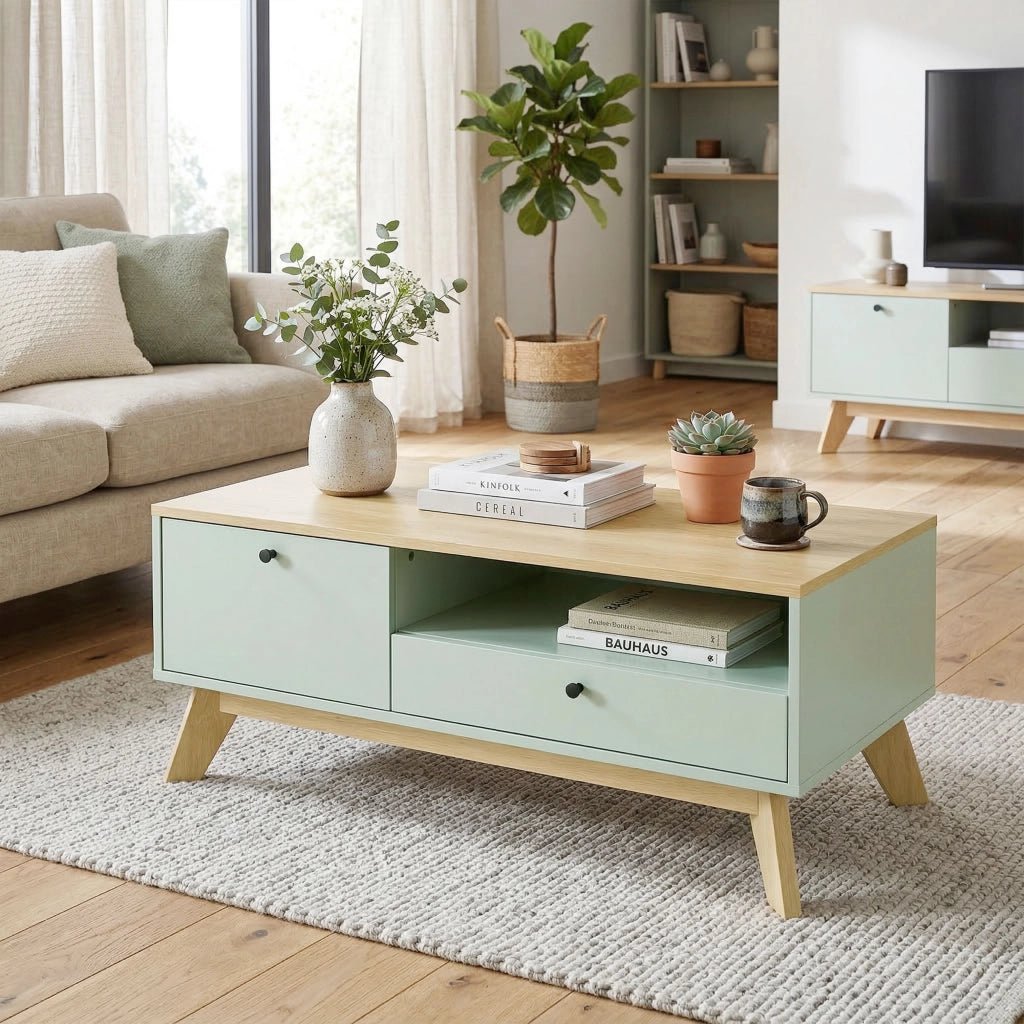 Tavolino da salotto con cassetto ¨C Zephmum ¨C Verde chiaro e quercia