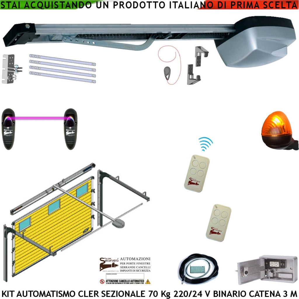 Porta Sezionale 70 Kg Kit Automazione da Soffitto 220/24 V 2 Radiocomandi Fotocellule Faro a Led Binario Alluminio 3 Metri Catena 5,5 MT Sistema Autoreverse Blindino Cordino Sblocco Luce di Cortesia