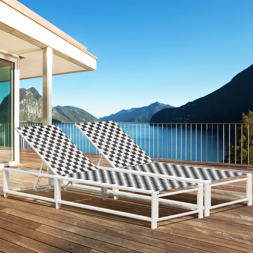 Sdraio regolabile da patio con ruote e tessuto traspirante, Poltrona reclinabile da esterno per bordo piscina Nero e Bianco-Poltrone e sdraio