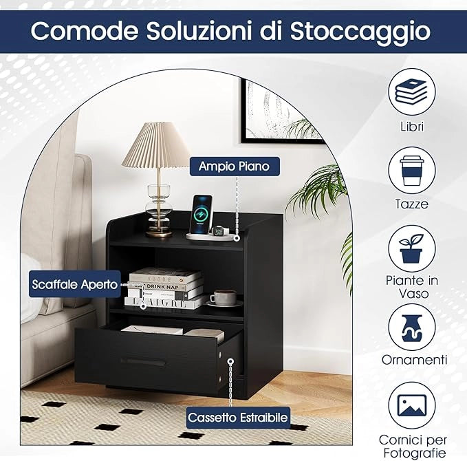 Comodino a 3 Livelli, Tavolino da Notte con Mensola Aperta e Cassetto Estraibile, Tavolino da Salotto con Luce, Telecomando, 44,5 x 40 x 50 cm, per Soggiorno e Camera da Letto