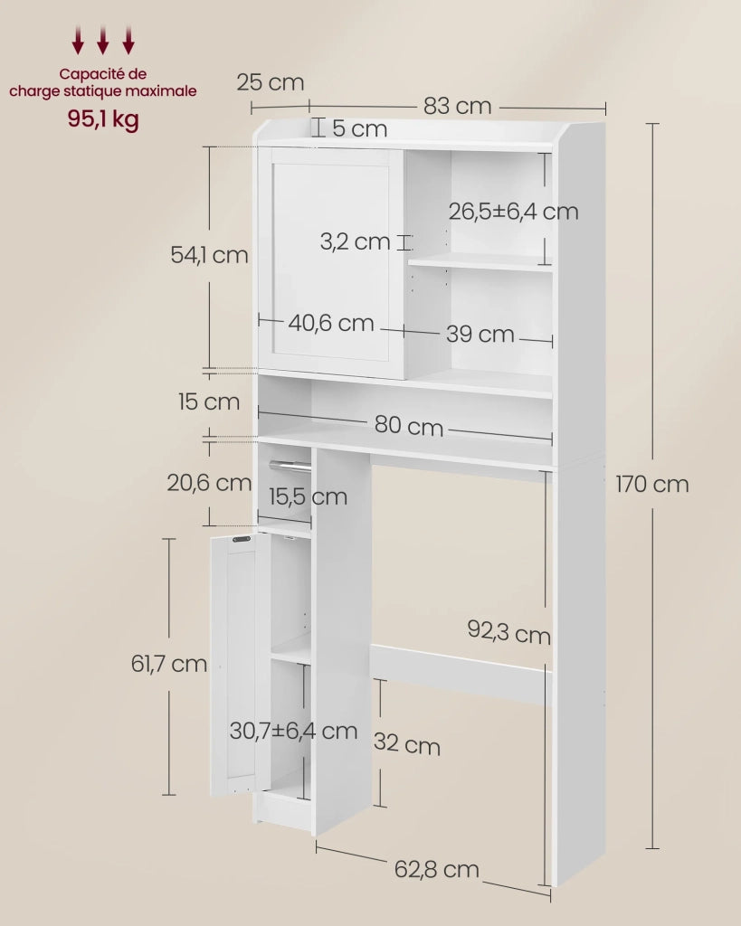 Mobiletto da bagno con anta scorrevole ripiani regolabili design salvaspazio adatto alla maggior parte dei bagni design moderno 25 x 83 x 170 cm bianco nuvola 12_0006594