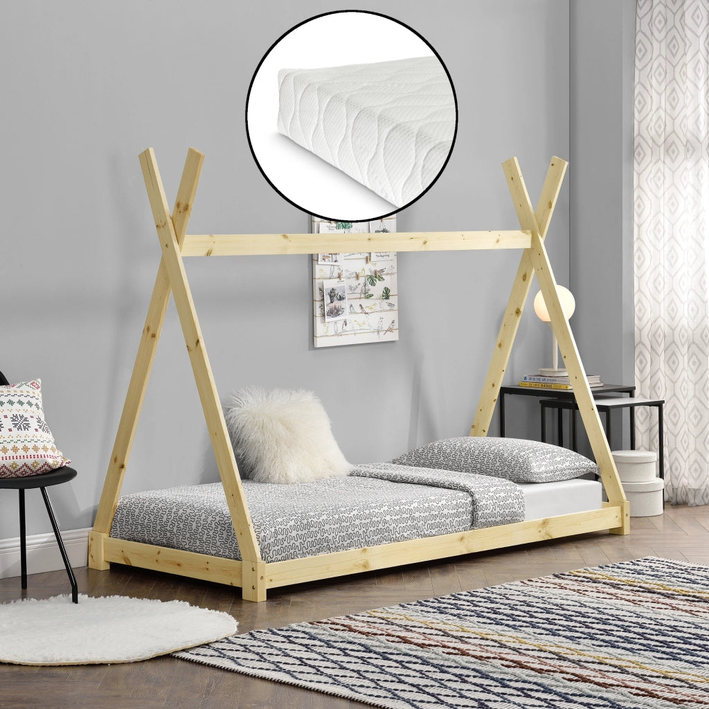 Letto per Bambini con Materasso 90 x 200 cm Tenda Indiana Tipi - color Legno [en.casa]