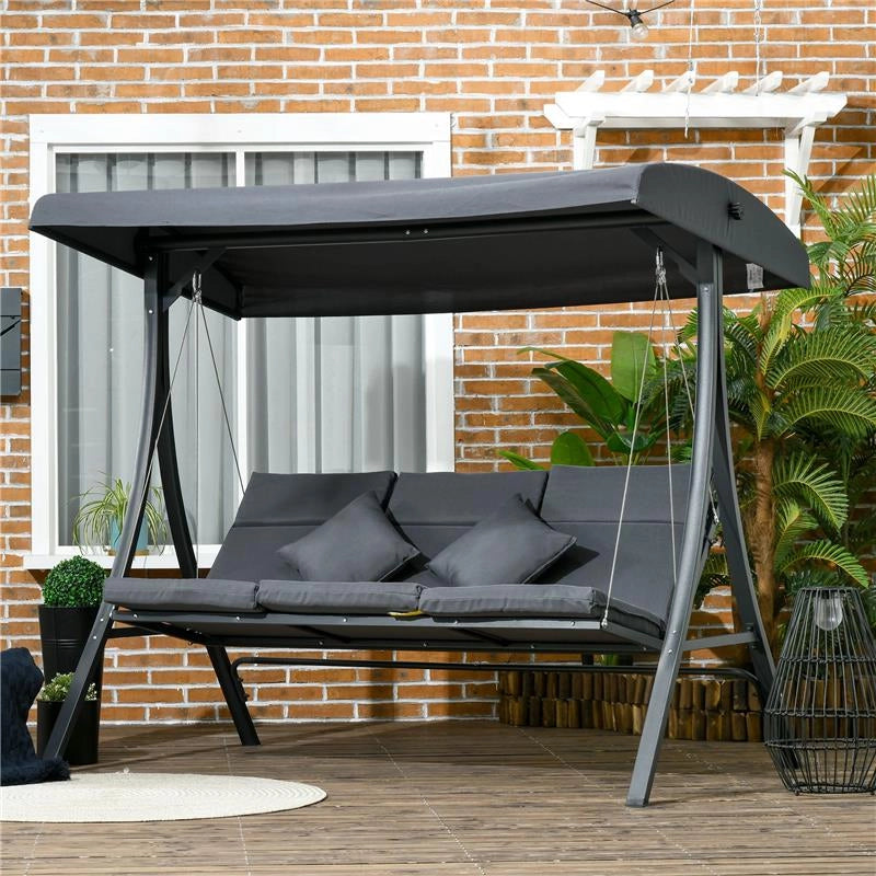 DONDOLO DA GIARDINO 3 POSTI CON TETTUCCIO REGOLABILE, IN ACCIAIO E POLIESTERE, 202X115X168 CM, GRIGIO SCURO