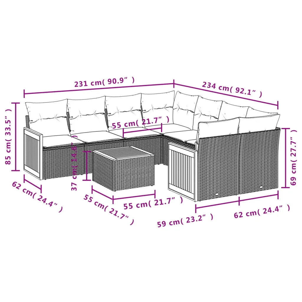 Set Divano da Giardino 9 pz con Cuscini Grigio in Polyrattan 3227509