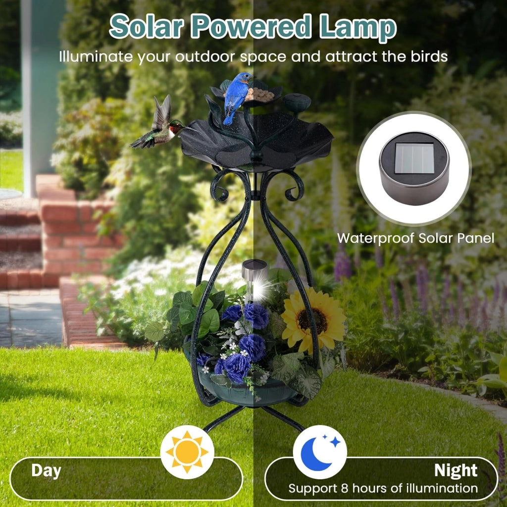 Giantex Vasca per uccelli con fioriera, vaschetta per uccelli illuminata a energia solare, per esterni, con mangiatoia per uccelli, ciotola per acqua di loto per il bagno, fioriera per fiori con fori