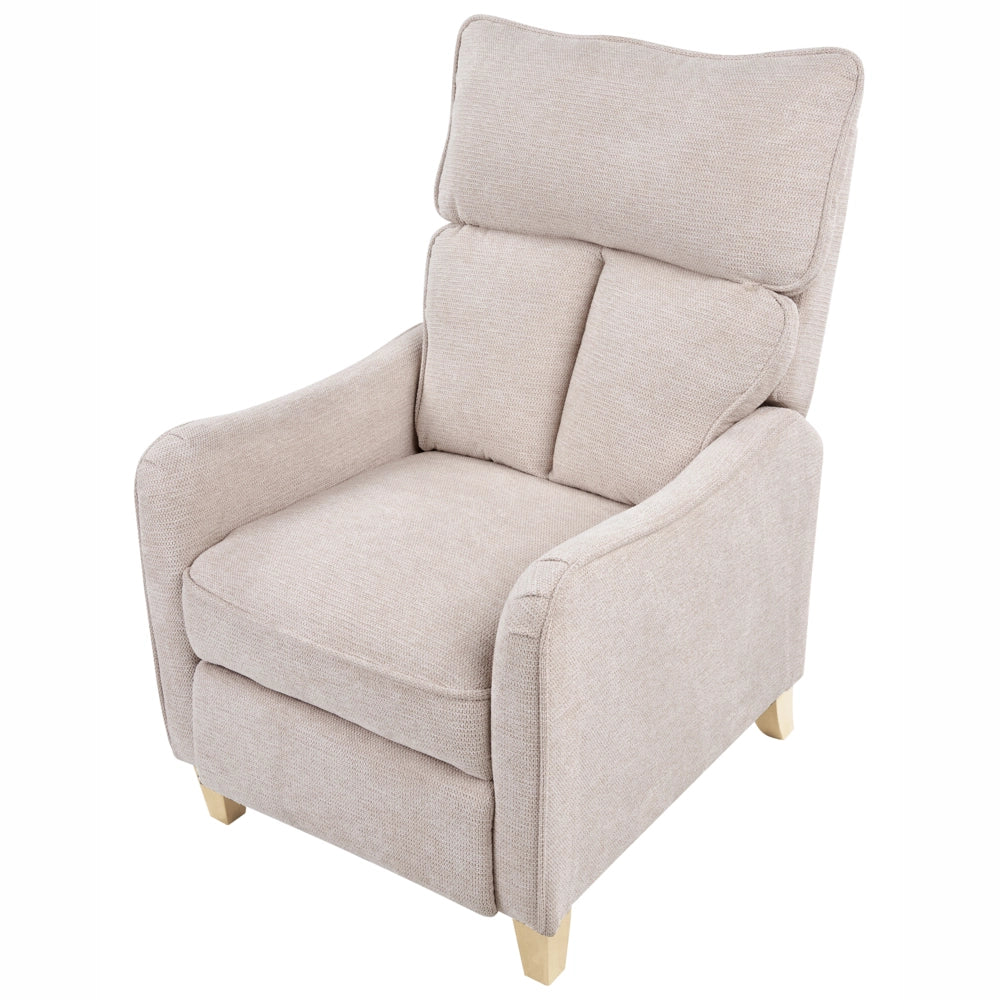 Poltrona reclinabile in tessuto beige con schienale regolabile e poggiapiedi estraibile in stile vintage